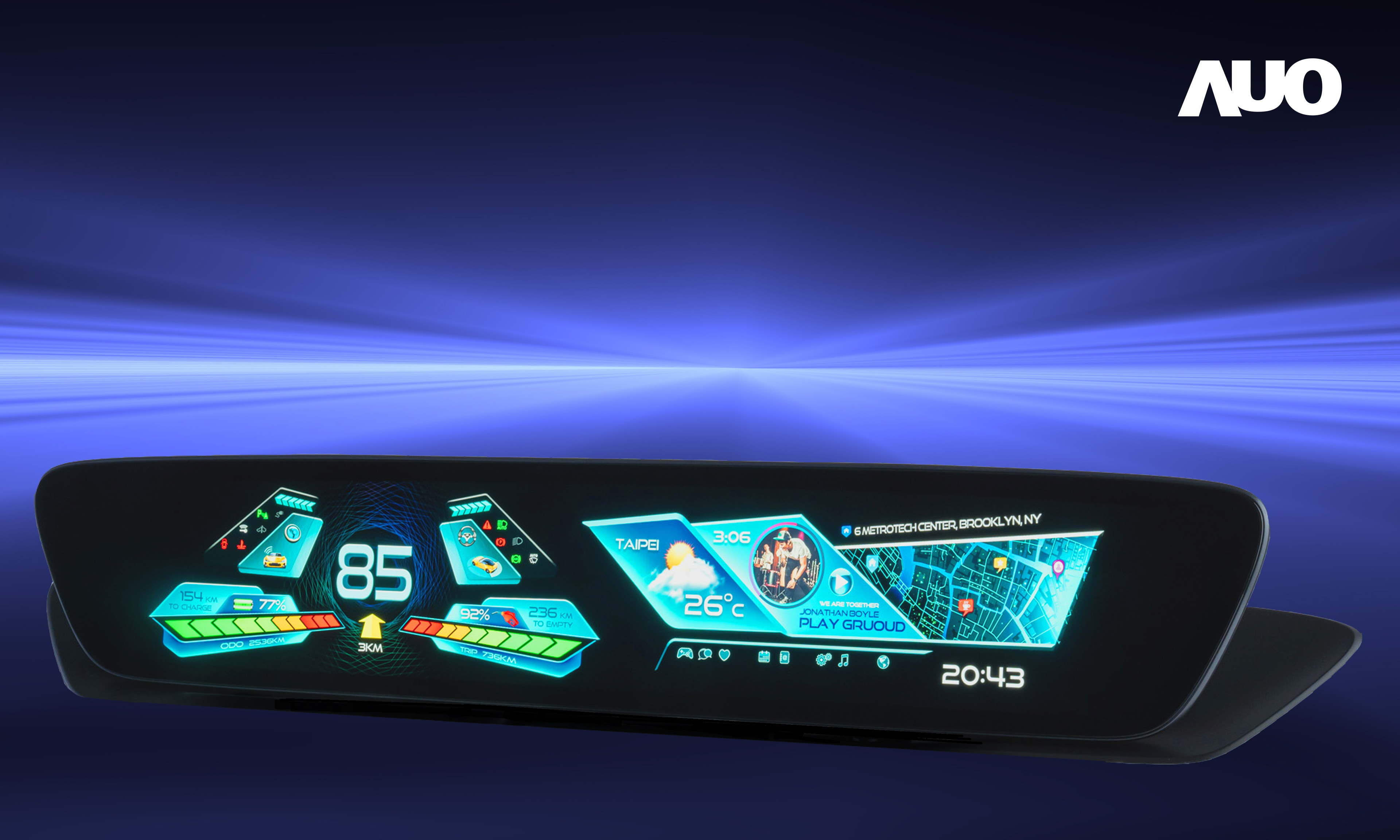 友達30.4吋異形曲面AmLED車載顯示系統，為一兼具儀表板及中控台人機介面的創新車載顯示系統，結合美學設計，提升車內科技沉浸感及使用體驗，讓車載顯示的未來應用更加多元化