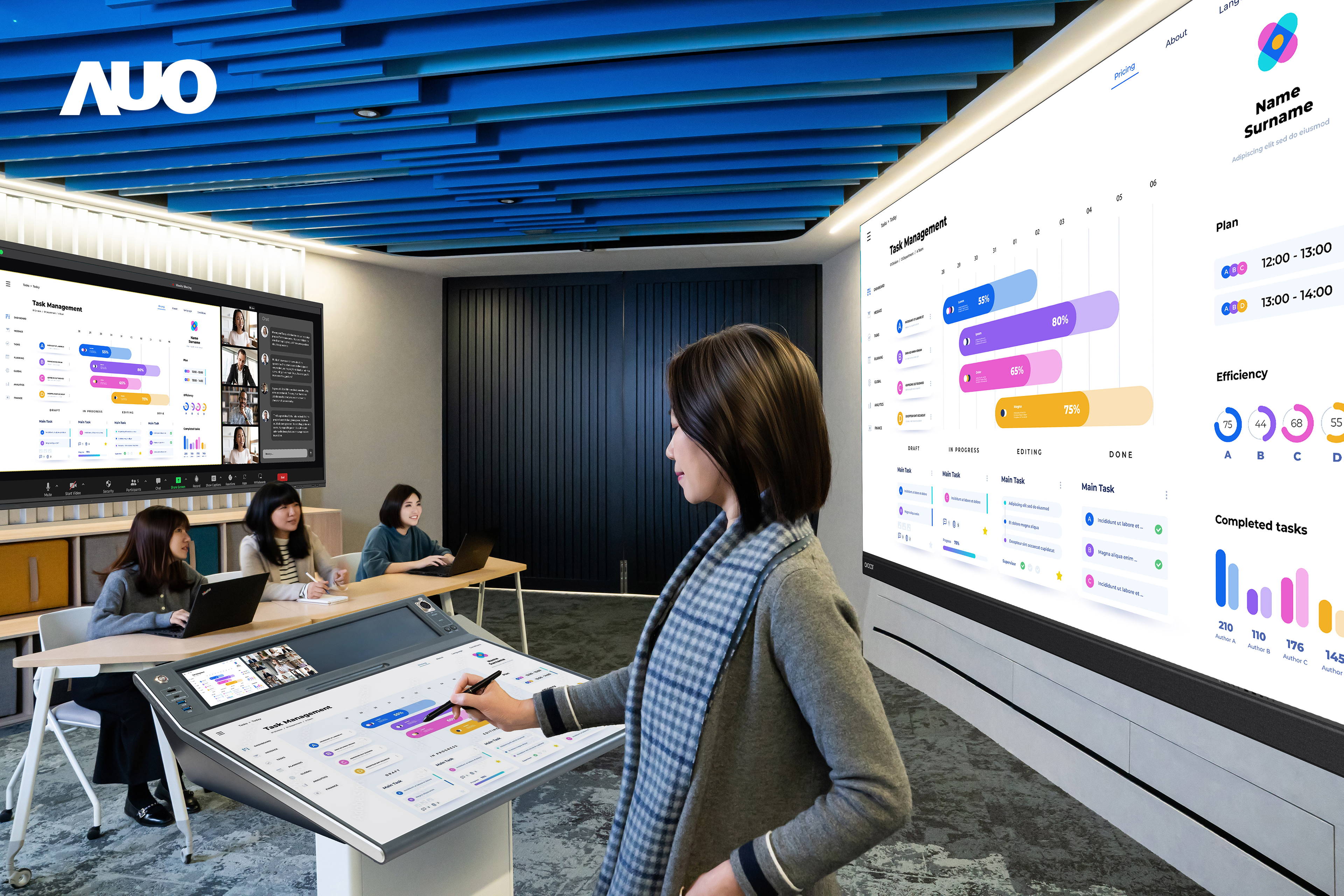 达擎携手Avocor与Rise Vision展示全方位商务领域应用，包含采用模块化设计的138吋一体式All-in-One LED显示器及具21:9超宽比例的92吋交互式电子白板（IFPD），讲者可轻松分享内容，有效提升会议协作效率。